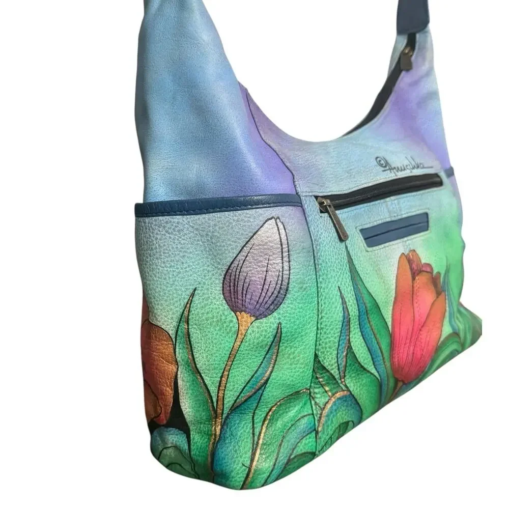 NWT! Anuschka Hand Painted Tulips Leather Hobo Handbag with Card Wallet